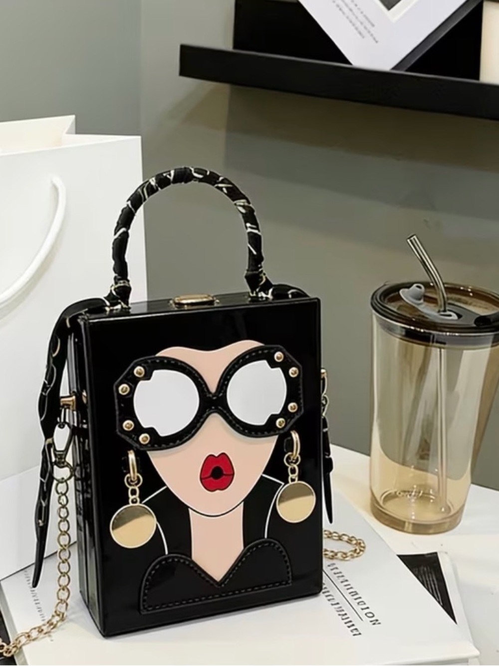 Stylish Black Novelty Top-Handle Bag with Red Accent